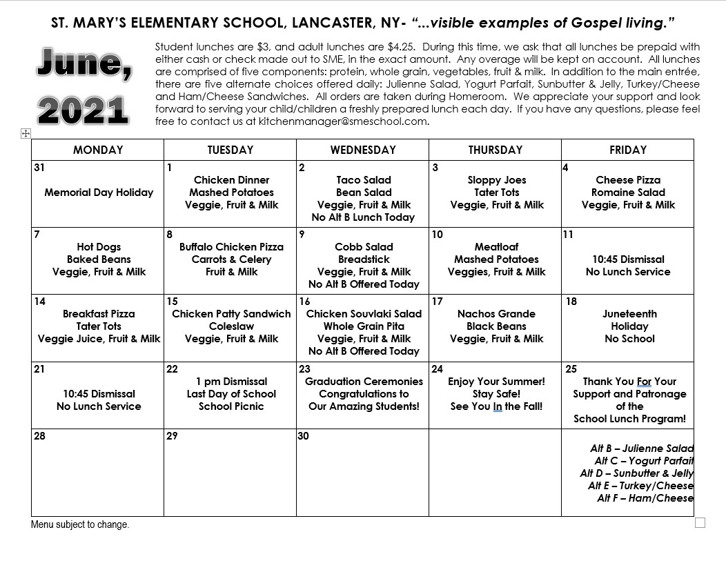 elementary lunch menu